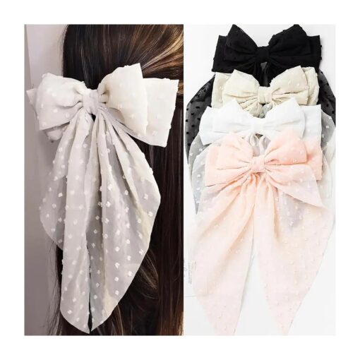 Large Hair Bows 4 PCS Ribbon Bow for Women, Hair Bows for Women, Hair Ribbons, Oversized Long-tail Cute Aesthetic Hair Accessories, Large Hair Barrettes for Women ( Beige, light pink, white, black )