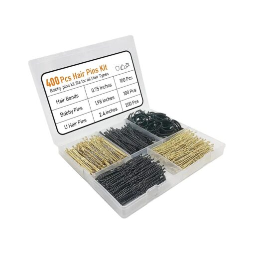 400 Pcs Hair Pins Kit, Including 100 Pcs Bobby Pins, 100 Pcs U Hair Pins, 200 Black Rubber Hair Bands, Hair Pin for Girls and Women, Great for All Hair Types ( Black, Gold )