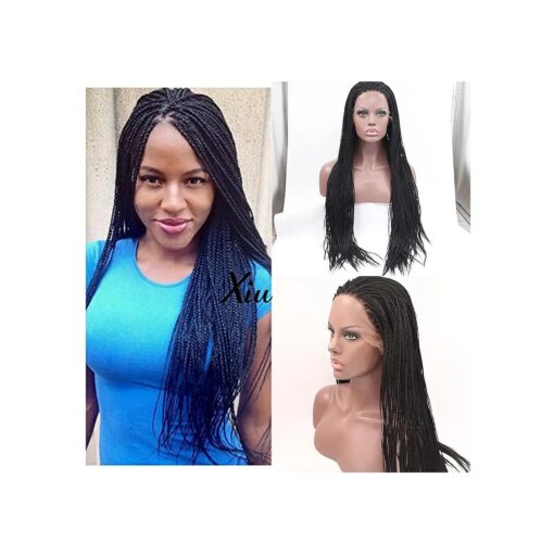 xiweiya Long Black Micro Box Braids Wig with Heat Resistant Fiber Mermaid Black Braiding Synthetic Lace Front Wig Middle Cap Size 24 inch ( natural black )