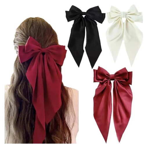 Hair Bows for Women, 3 Pcs Large Hair Ribbon - Bow Hair Clips Coquette Bows Long Tail Tassel, Big Bows Ribbons Hair Barrettes for Girls ( Black Bow, Red Bow, Beige Bows )