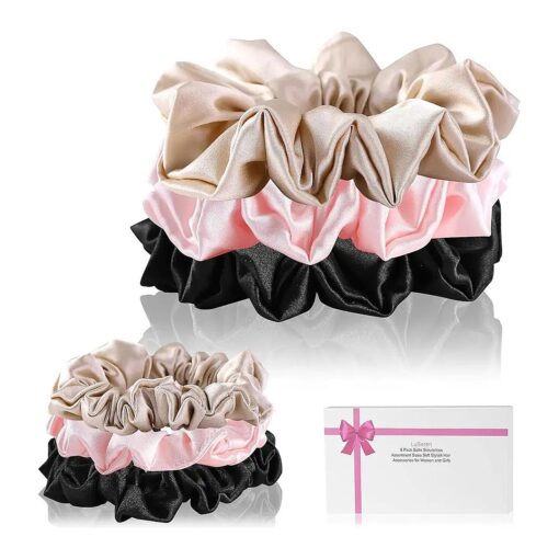 LuSeren 6 Pack Silk Satin Scrunchies for Women -Assortment Sizes Soft Stylish Silk Hair Scrunchies Hair Bands Hair Ties Ropes for Women and Girls Hair Accessories, Black Pink Champagne