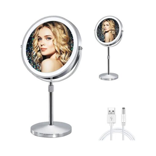 8" Lighted Makeup Mirror, 10x Magnifying Mirror with Light, Adjustable Height, Led Cosmetic Vanity Mirror with Touch Control, Rechargeable Light Up Mirror, Silver