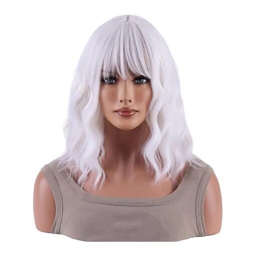 White Wig Short White Wavy Wig Curly Synthetic Hair Wig White Bob Wig with Air Bangs for Women Daily Wear Party Cosplay ( 14" White )