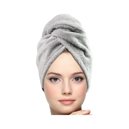 Hair Towel Wrap Quick Dry 100 % Cotton Super Absorbent Turban Head Wrap for Women with Button, Non Microfiber Anti Frizz Hair Products, Hair Cap for Curly, Long & Thick Hair ( Grey, 1 Pc )