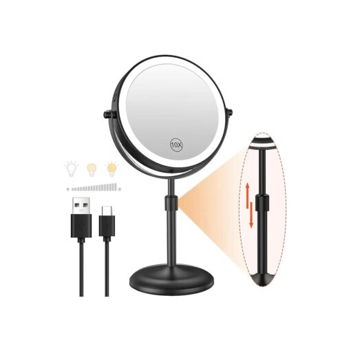 Benbilry Lighted Makeup Mirror with 10X Magnification & 3 Color Lights, Adjustable Brightness & Height, 7 Inch 360deg Swivel Rechargeable LED Magnifying Mirror Make Up Mirror with Lighting ( Black )