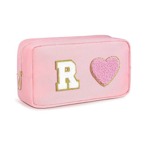 Gifts for Teenage Girls, A-Z Initial Preppy Makeup Bag Chenille Letters Cosmetic Bag Large Toiletry Makeup Pouch Waterproof Nylon Travel Organizer Personalized Birthday Graduation Gifts, Letter R