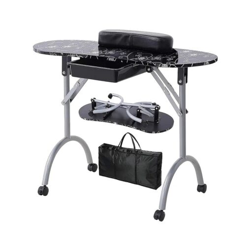 Nail Table- WELLHUT Portable Manicure Tables with Carrying Bag, Salon Station Foldable Nail Desk with Large Drawer, Wrist Rest, Lockable Wheels for Home Spa Beauty Salon Mobile Nail Tech