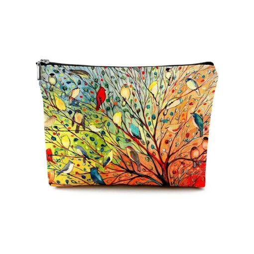 Cute Makeup Bag for Purse Canvas Waterproof Funny Cosmetic Bags for Women Zipper Travel Toiletry Pouch-Tree Bird Oil Painting Makeup Bags