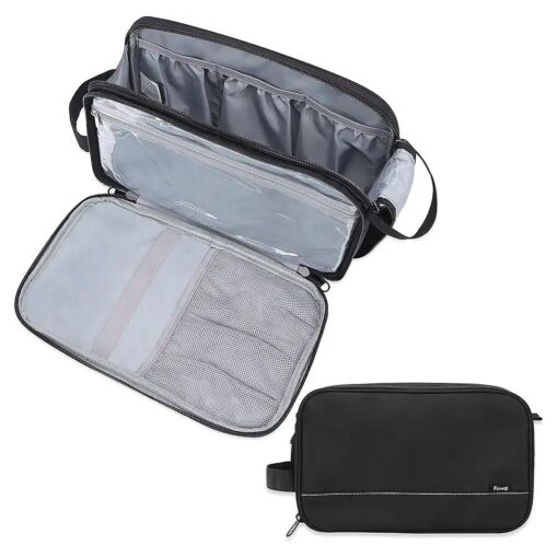 Fixwal Travel Toiletry Bag for Men, Waterproof Nylon, Medium Water-resistant Dopp Kit, with Quick-Drying Lining Cloth and PVC Pockets, Double-Layer Fully Open Design, Black