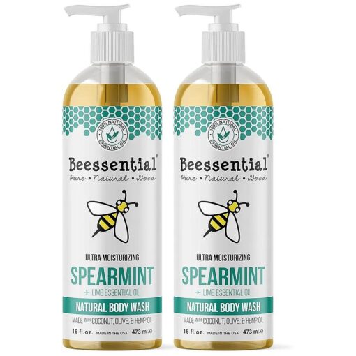 Beessential Natural Body Wash, Spearmint Lime, 2 Pack 16 oz | Sulfate-Free Bath and Shower Gel with Essential Oils for Men & Women