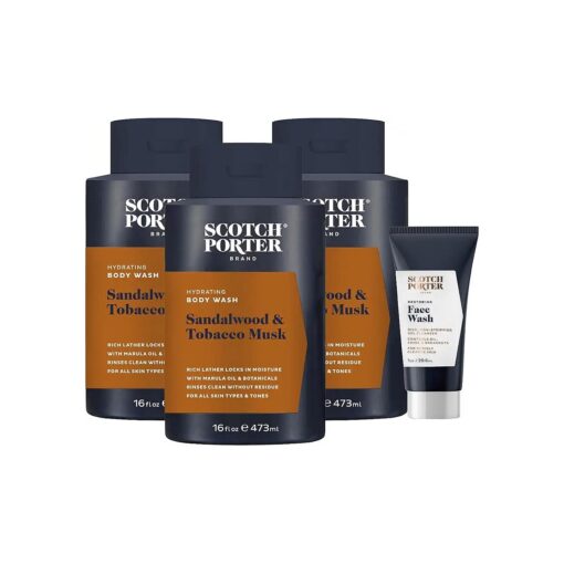 Scotch Porter Hydrating Body Wash for Men | Sandalwood & Tobacco Musk | 3 Pack ( plus free 1 oz Face Wash ) | Free of Parabens, Sulfates & Silicones | Vegan | 16 Fl oz x 3 Bottles