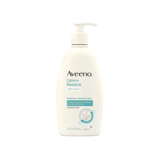 Aveeno Calm + Restore Daily Body Wash for Sensitive, Delicate Skin, Gentle Cleanser with Oat, Aloe & Pro-Vitamin B5 Soothes & Leaves Skin Feeling Nourished, Fragrance Free, 18 fl, oz