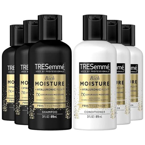 TRESemme Shampoo & Conditioner, Sulfate-Free, Travel Size - Moisture Rich Hair Treatment for Dry, Damaged Hair, Mini Shampoo & Conditioner Sets x 3 for Hair Repair, Scented, 3 Oz Ea ( 6 Piece Set )