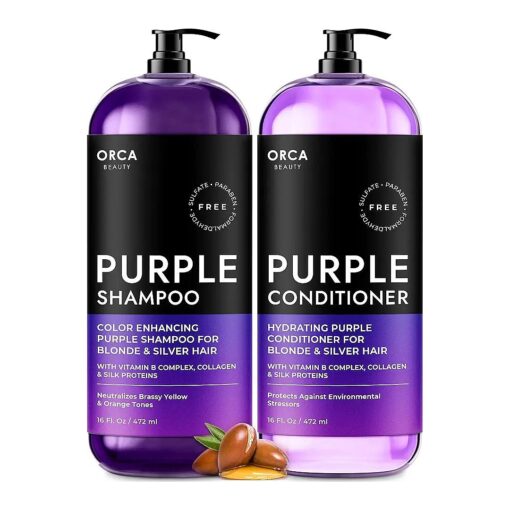 Purple Shampoo And Conditioner Set for Color Treated Hair, Toner For Blonde Hair - Sulfate Free Purple Shampoo & Purple Conditioner for Blonde Hair, Biotin + Argan Oil Purple Shampoo For Gray Hair