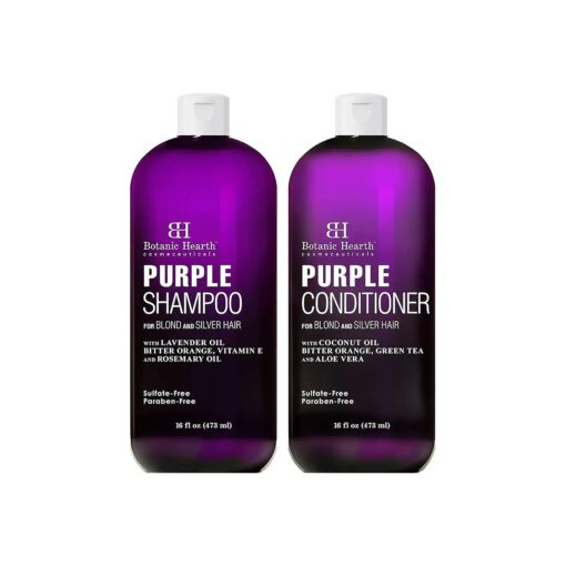 BOTANIC HEARTH Purple Shampoo and Conditioner Set - for All Shades of Blonde, Silver and Gray Hair - Enhances Highlights - Sulfate Free, Paraben Free, 16 fl oz each