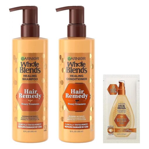 Garnier Whole Blends Sulfate Free Remedy Honey Treasures Replenishing Shampoo and Conditioner Set for Very Damaged Hair with Sample, 12 Fl Oz, 1 Kit ( Packaging May Vary )