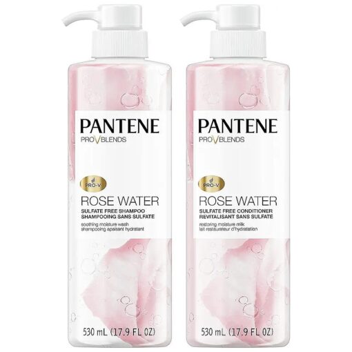 Pantene Sulfate Free Shampoo and Conditioner Set, Rose Water, Soothing and Moisturizing, Infused with Vitamin B5, for all Hair Types, Safe for Color Treated Hair, Pro-V Blend, 17.9 Fl Oz Each, 2 Pack