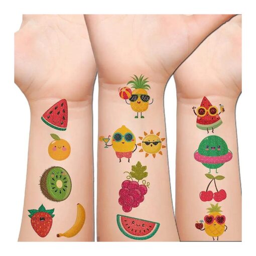 Glitter Fruit Temporary Tattoos for Kids - 100+ Cartoon Fruit Summer Tattoos for Girls Boys Birthday Party Supplies Favors