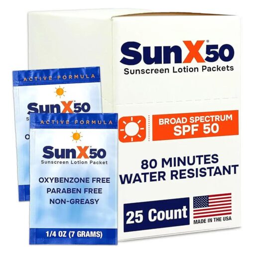 Sun X 50 SPF Individual Sunscreen Packets Travel Size - Pack of 25 Paraben, Oxybenzone, & White Cast Free Broad Spectrum SPF Sunscreen Packets - Water & Sweat Resistant For Up To 80 Minutes