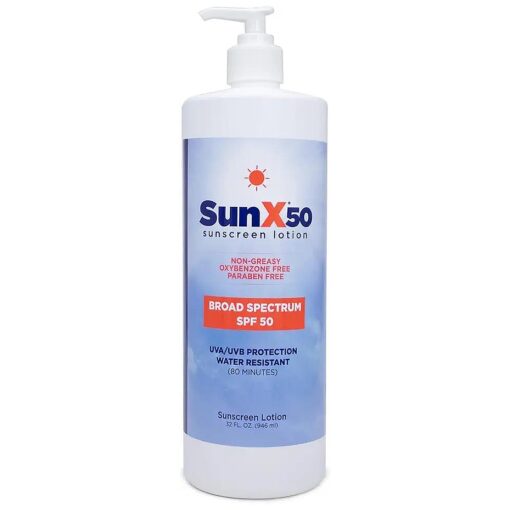 Sun X 50 SPF Oil Free Sunscreen Lotion ( 32oz, Bottle ) - Free of Parabens, Oxybenzone, & White Cast Properties With Broad Spectrum ( UVA/UVB ) Protection - Water & Sweat Resistant For Up To 80 Minutes