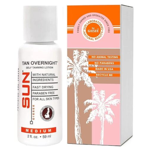 Sun Laboratories Tan Overnight Self-Tanning Lotion for Body and Face - Sunless Tan Golden Glow - Medium - 2 fl oz Travel Bottle