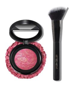 LAURA GELLER NEW YORK Blush-n-Brighten Marbleized 2-in-1 Blush, Sunlit Rose- Angled Blush Brush - Ultra Soft - Never Sheds ( 2PC )