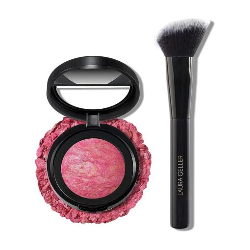 LAURA GELLER NEW YORK Blush-n-Brighten Marbleized 2-in-1 Blush, Sunlit Rose- Angled Blush Brush - Ultra Soft - Never Sheds ( 2PC )