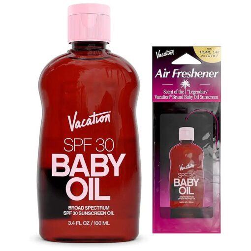 Vacation Baby Oil SPF 30 + Air Freshener Bundle, Broad Spectrum SPF 30 Sunscreen Oil, Vegan Suntan Oil with Broad Spectrum SPF, Sunscreen Tanning Oil, TSA Friendly, Travel Size, 3.4 fl, oz .