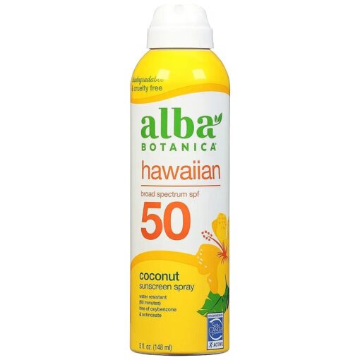 Alba Botanica Sunscreen Spray for Face and Body, Broad Spectrum SPF 50 Sunscreen, Hawaiian Coconut, Water Resistant and Biodegradable, 5 fl, oz, Bottle