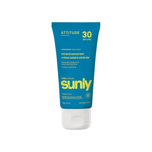 ATTITUDE Mineral Sunscreen for Baby and Kids, EWG Verified, Broad Spectrum UVA/UVB, Dermatologically Tested, Plant and Mineral-Based Formula, Vegan, SPF 30, Unscented, 2.6 Oz