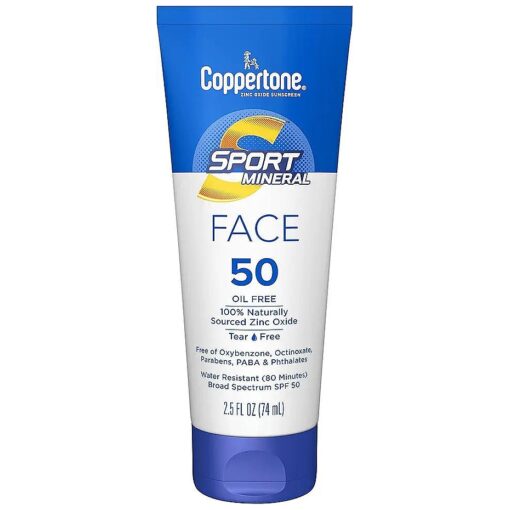 Coppertone SPORT Sunscreen for Face, Zinc Oxide Mineral Face Sunscreen SPF 50, Oil Free Sunscreen, Travel Size Sunscreen, 2.5 Fl Oz Tube