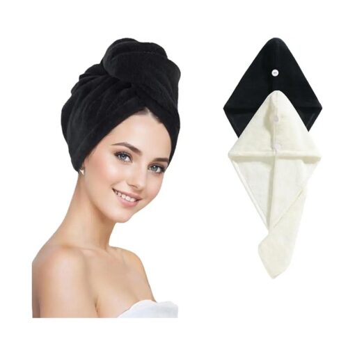 Microfiber Hair Towel Wrap for Women,2Pack Hair Towels with Button, Super Absorbent Hair Turbans for Wet Hair, Long, Curly Hair, Fast Hair Drying Towel ( Black and White )