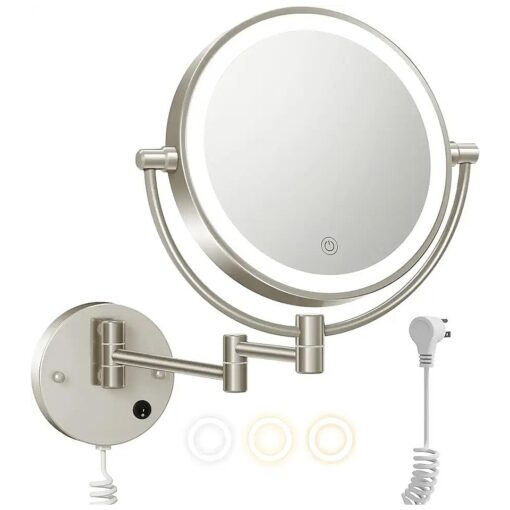 FASCINATE Upgraded Wall Mounted Makeup Mirror with Lights, Super Large Double Sided 1X/10X Magnifying Mirror for Bathroom, 360deg Swivel Extendable Plug Touch Sensor Vanity Mirror