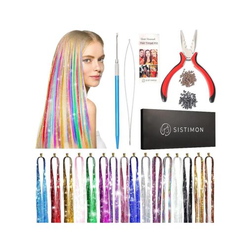 Fairy Hair Extensions Tinsel Kit Heat Resistant for Girls - Quick & Easy To Use, 16 Beautiful Colors, Super Long, Full Tools & Accessories ( 16 Colors )