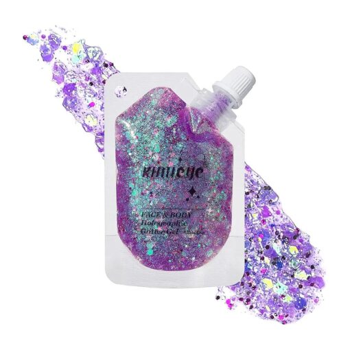 Holographic Face Glitter Gel Body Shimmer Makeup for for Hair, Face, Clavicle, Arm, Nail, Eyeshadow, Long Lasting Waterproof Mermaid Sequins Party Glitter for Rave Festival, 1.35oz ( Illusion Purple # 3 )