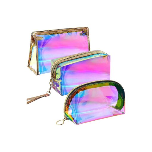 Weewooday 3 Pieces Holographic Makeup Bag Cosmetic Travel Bag Portable Waterproof Toiletries Bag Iridescent Cosmetic Pouch Makeup Organizer for Women