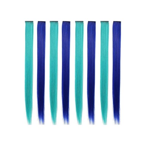 8PCS 21 `` Blue & Teal Hair Accessories Clip in Colored Hair Extensions for Girls Colorful Hair Pieces Party Highlights Heat Resistant Synthetic Mutilcolors Straight Wig Pieces for Teens