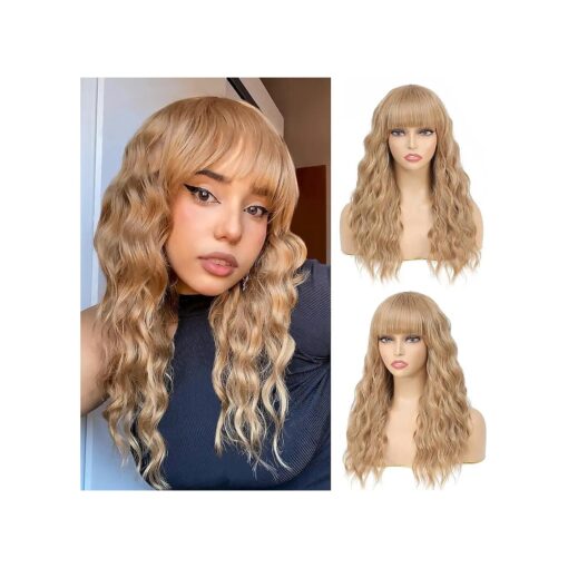 SOKU Honey Blonde Wavy Wig with Bangs Women 's Short Bob 20 Inch Strawberry Blonde Hair Wave Synthetic Curly Cosplay Wig for Girls Daily Hair Replacement Wigs