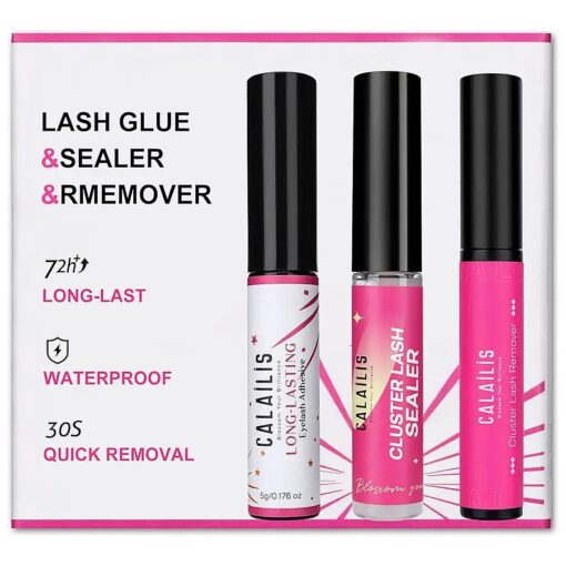 CALAILIS Cluster Lash Glue Lash Sealer and Lash Remover Kit, Super Strong Hold and Long Lasting 72 Hours Lash Bond and Seal Quick Gentle Clean Non-Irritating Lash Extension Remover