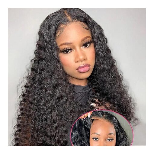 Wear and Go Glueless Wigs Human Hair 4x4 Deep Wave Lace Front Wigs Wear and Go Wigs Deep Wave Wigs Human Hair Transparent Lace Closure Wigs for Black Women Natural Color 26inch