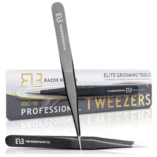 Tweezers For Ingrown Hair By The Razor Bump Co. | Sharp, Stainless Steel, Surgical | Professional Tweezers For Women and Men | Precision Splinter Remover | Best Facial Hair and Eyebrow Trimmer | Black