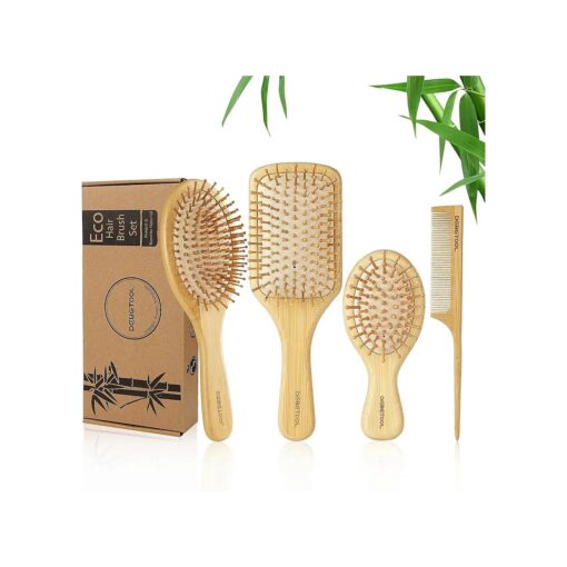 Bamboo Hair Brush and Comb Set for Women Men and Kids, Natural Bamboo wood Wide-tooth brush and tail comb - Paddle Detangling Brush for Wet Dry Curly Hair