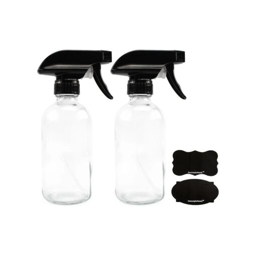 Cornucopia Brands 8-Ounce Clear Glass Spray Bottles ( 2-Pack ) ; Boston Round Bottles w/ 3-Setting Adjustable Black Heavy Duty Sprayers & Chalk Labels