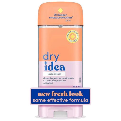 Dry Idea Gel Deodorant & Antiperspirant | 2X Longer Sweat Protection | 72-Hour Odor Protection | Unscented & Hypoallergenic for Sensitive Skin, 3 oz .