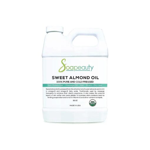 Soapeauty Sweet Almond Oil Cold Pressed Refined USDA Organic | 100 % Pure Sweet Almond oil Available in Bulk | Carrier for Essential Oils, Almond oil for Skin, Face, and Hair, Soap Making | 32 fl oz