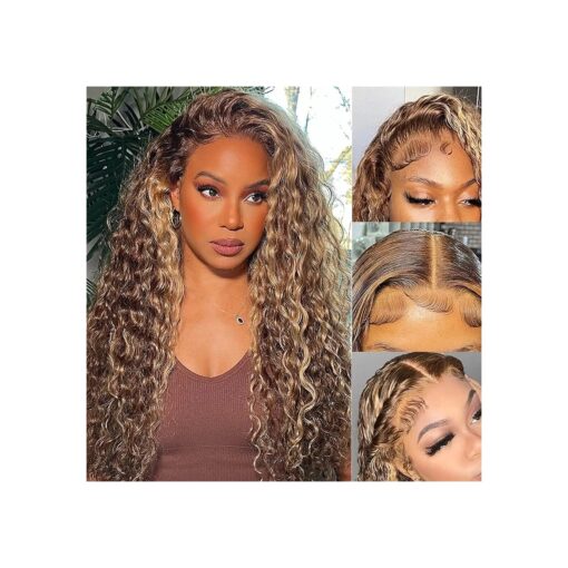 Ladoux Ombre Honey Blonde 13x6 HD Transparent Water Wave Lace Front Human Hair Wigs for Women 180 % Density 4/27 Colored Highlight Curly Glueless Wigs 18Inch Pre Plucked with Baby Hair