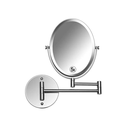 Wall Mounted Bathroom Makeup & Shaving Mirror, Double Sided 5X & 1X Magnification, 13-Inch Extension Swivel Arm, Oval 6.6" x 8.6" Glass Area, Chrome