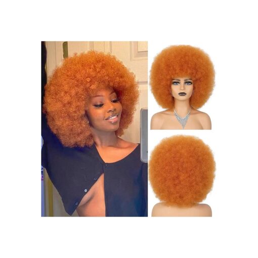 Copper Red Afro Wigs for Black Write Women Glueless Wear and Go Wig 10 inch Short Curly Afro Puff Wigs Synthetic Large Bouncy Wigs for Daily and Disco Party Costume Use ( Ginger Orange )