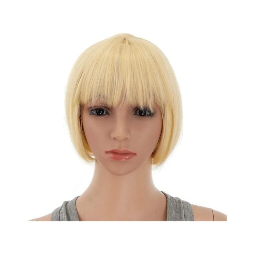 SWACC 10 Inch Short Straight Bob Wig with Bangs Synthetic Colorful Cosplay Daily Party Flapper Wig for Women with Wig Cap ( 613 Blonde )