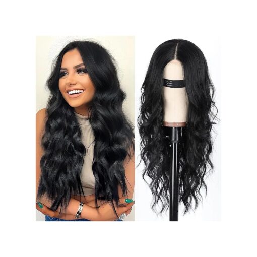 AISI HAIR Black Wig for Women, Long Wavy Lace Hairline Wig, 26 Inch Middle Part Synthetic Heat Resistant Wig for Daily Party